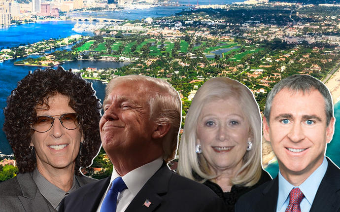 From left: Howard Stern, President Trump, Sydell Miller, and Ken Griffin, with the island of Palm Beach (Credit: Getty Images and iStock)