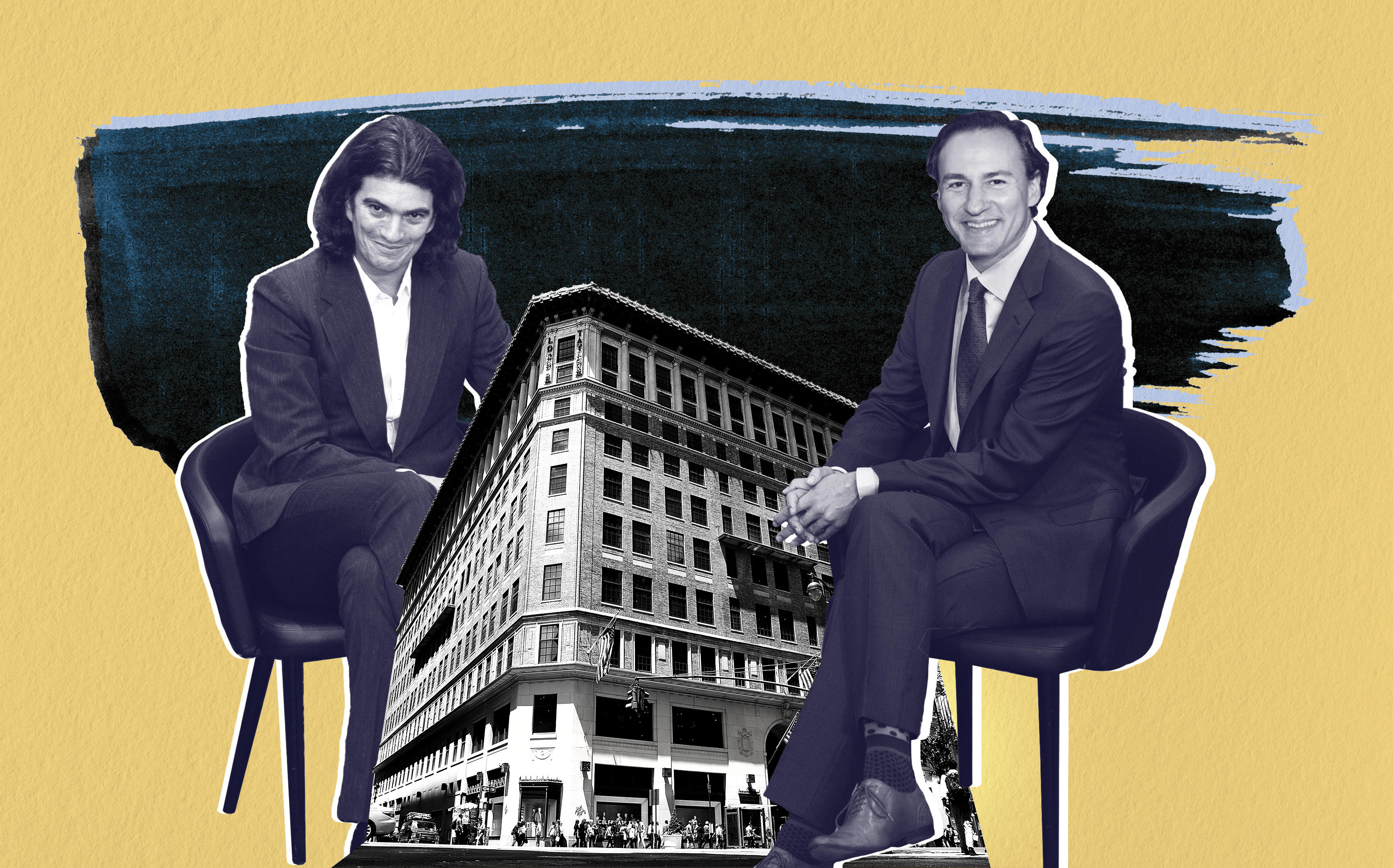 Former WeWork CEO Adam Neumann and Rhône's Steve Langman with the Lord and Taylor Building at 424-434 Fifth Avenue (Credit: Getty Images)