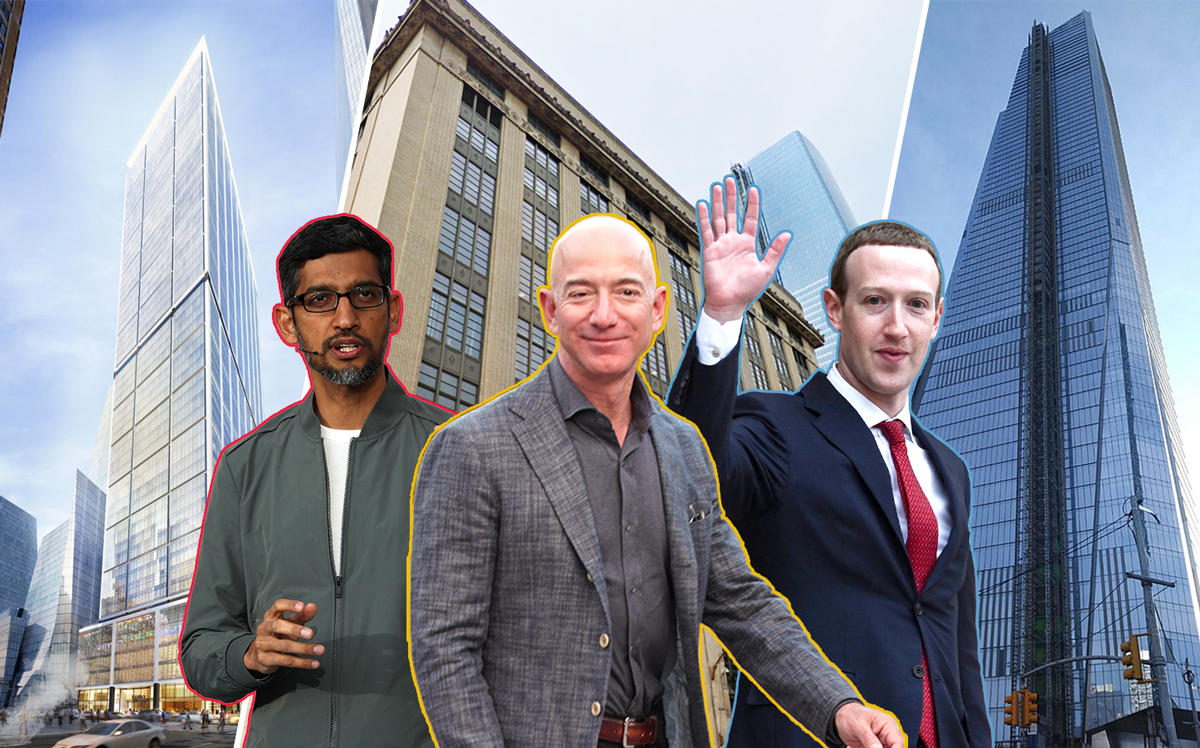 From left: 50 Hudson Yards, 341 Ninth Avenue, 30 Hudson Yards (background) with Google's Sundar Pichai, Amazon's Jeff Bezos and Facebook's Mark Zuckerberg (Credit: Google Maps and Getty Images)