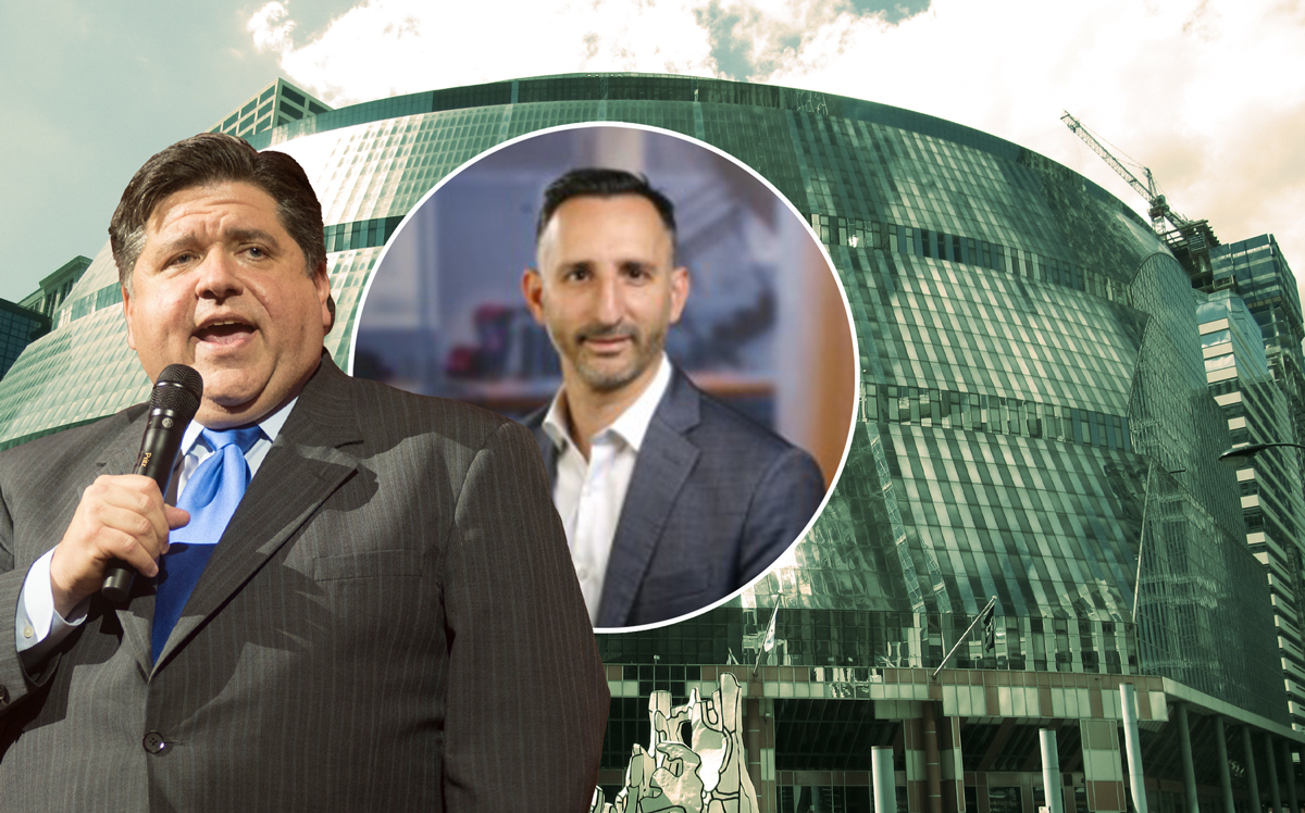 Governor J.B. Pritzker and Ernst and Young's Mike Parker (inset) with the Thompson Center (Credit: Getty Images, Wikipedia, E&Y) 