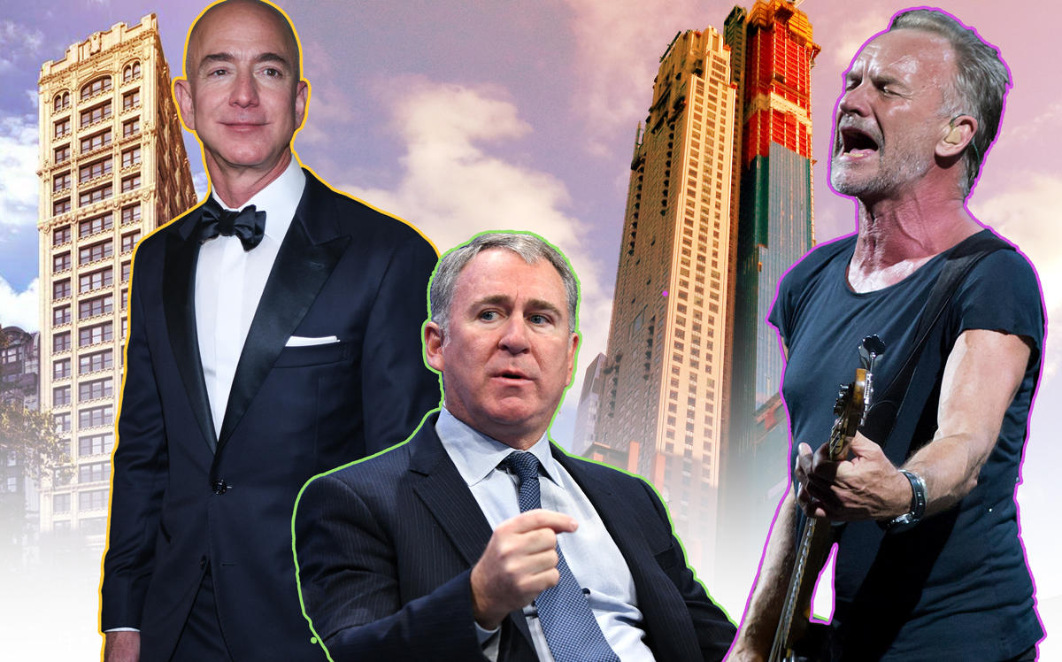 From left: Jeff Bezos with 212 Fifth Avenue and Ken Griffin and Sting with 220 Central Park South (Credit: Getty Images, StreetEasy)
