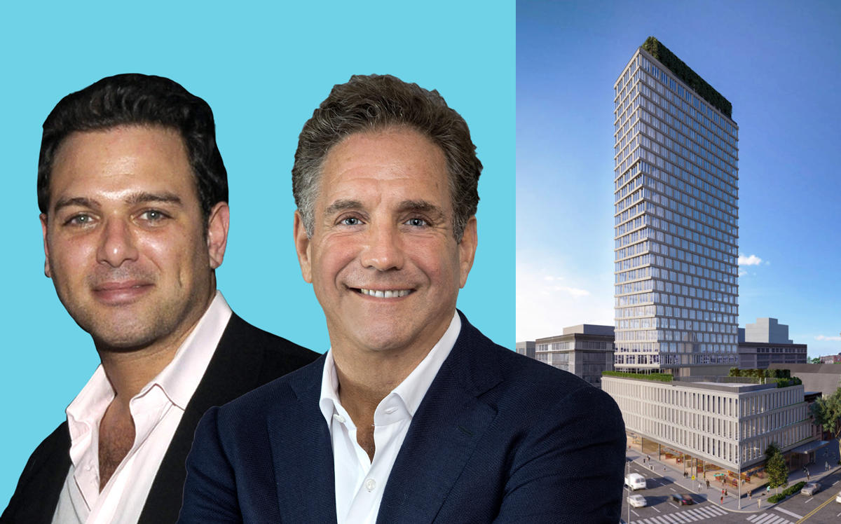 Hope Street Capital's Sha Dinour and Square Mile Capital's Craig Solomonwith renderings of 550 Clinton Avenue in Brooklyn (Credit: Getty Images and Morris Adjmi Architects)