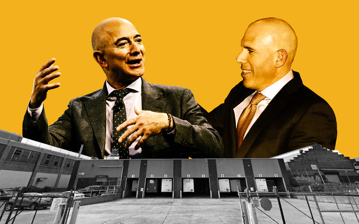 Amazon CEO Jeff Bezos and RXR CEO Scott Rechler with 56-19 Grand Avenue in Queens (Credit: Getty Images, Google Maps)