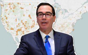 Steven Mnuchin and a map of Opportunity Zones (Credit: Getty Images and Enterprise Community Partners)