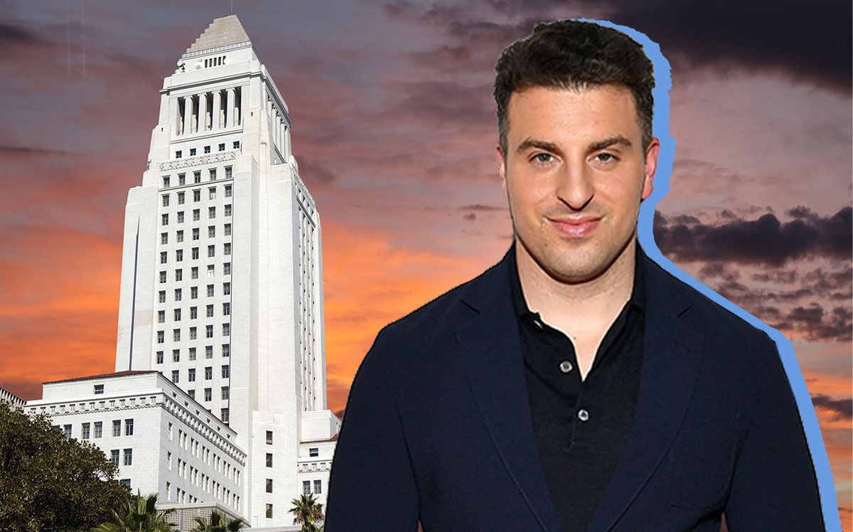 Airbnb Chief Executive Brian Chesky in front of Los Angeles city hall (Credit: Getty Images, iStock)