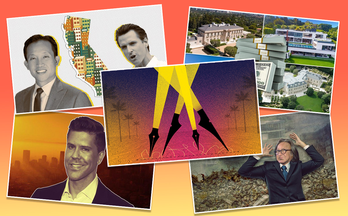 Art Caption: Clockwise from top left: Assemblyman David Chiu and Gov. Gavin Newsom pushed for a statewide rent control law, L.A. mansions that sold for combined $400+ million, developer Mohamed Hadid battled to save his Bel Air project, Frederik Eklund of Douglas Elliman moved to L.A. and (inset) streaming services gobbled up more space.