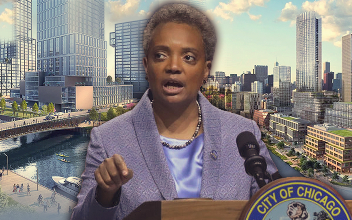 Mayor Lori Lightfoot and renderings of Lincoln Yards and the 78 (Credit: Getty Images)