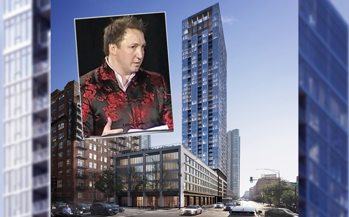 Onni Group president Rossano de Cotiis and a rendering of 369 West Grand Avenue (Credit: Brininstool+Lynch)