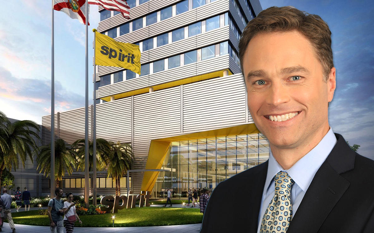 Spirit CEO Ted Christie and a rendering of the future Spirit Airlines headquarters 