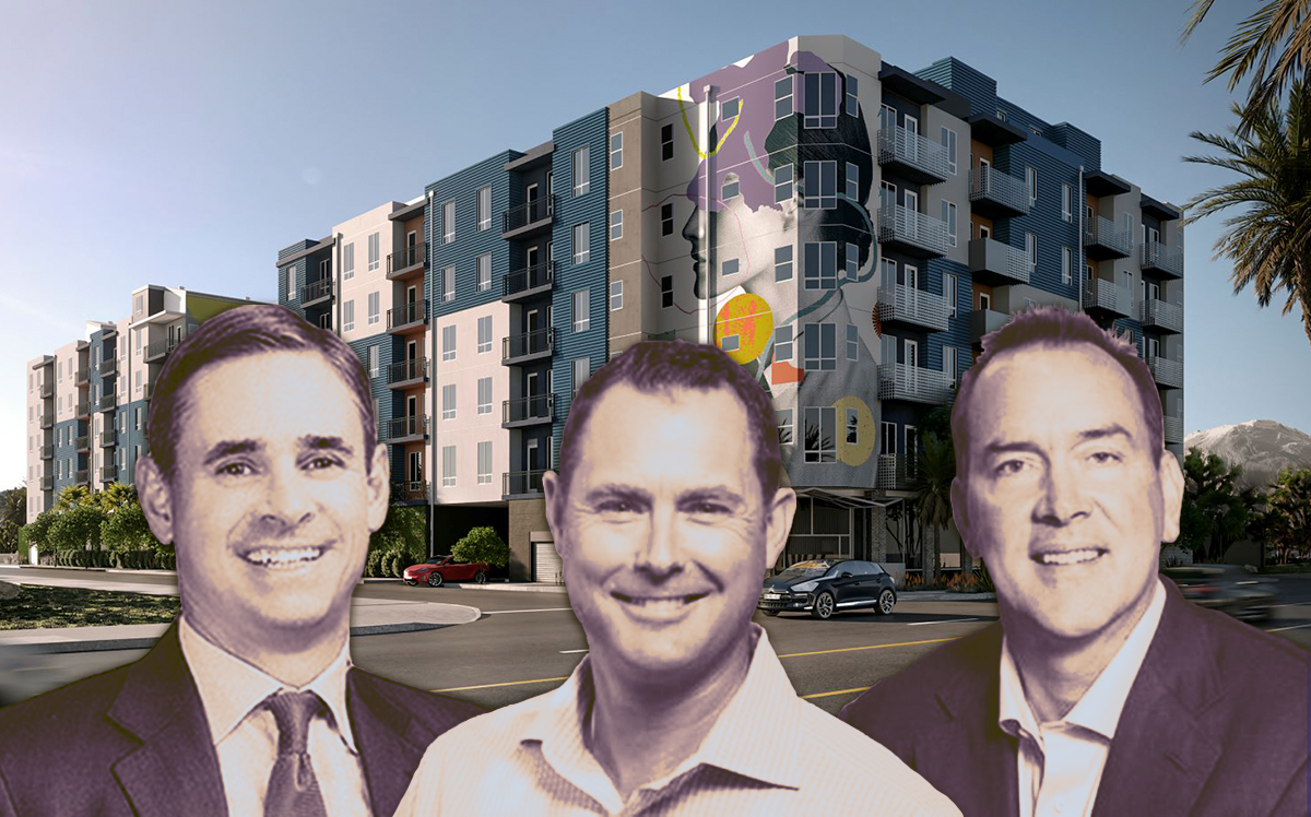 A rendering of the property, Cityview CEO Sean Burton and Virtu Investments principals Michael Green and Scott McWhorter (Credit: LCP 360) 
