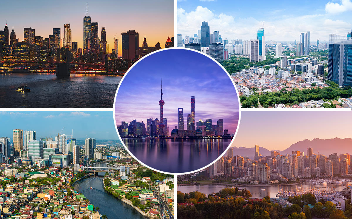 Clockwise from top left: New York, Jakarta, Shanghai (inset), Vancouver and Manila (Credit: iStock)