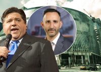 Governor J.B. Pritzker and Ernst and Young's Mike Parker (inset) with the Thompson Center (Credit: Getty Images, Wikipedia, E&Y) 