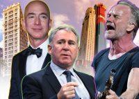 From left: Jeff Bezos with 212 Fifth Avenue and Ken Griffin and Sting with 220 Central Park South (Credit: Getty Images, StreetEasy)