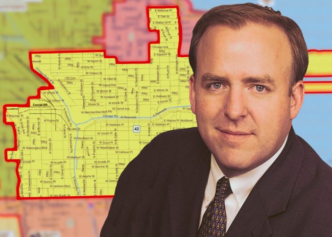 Ald. Brendan Reilly and a map of the 42nd Ward, which covers parts of the Loop, West Loop, Streeterville, River North and Gold Coast  