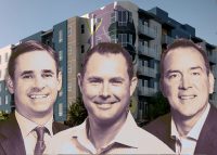 A rendering of the property, Cityview CEO Sean Burton and Virtu Investments principals Michael Green and Scott McWhorter (Credit: LCP 360) 