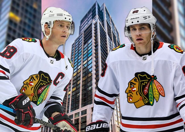 Blackhawk players Johnathan Toews (left) and Patrick Kane owned units that sold for over $6 million each this year in the star-studded No. 9 Walton tower (Credit: Getty Images)
