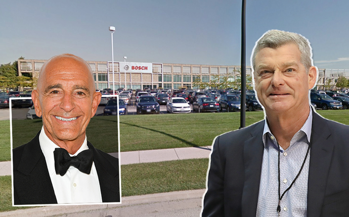 Colony Capital CEO Tom Barrack, Ares Management co-founder and executive chairman Antony Ressler and the Mount Prospect warehouse (Credit: Getty Images and Google Maps)