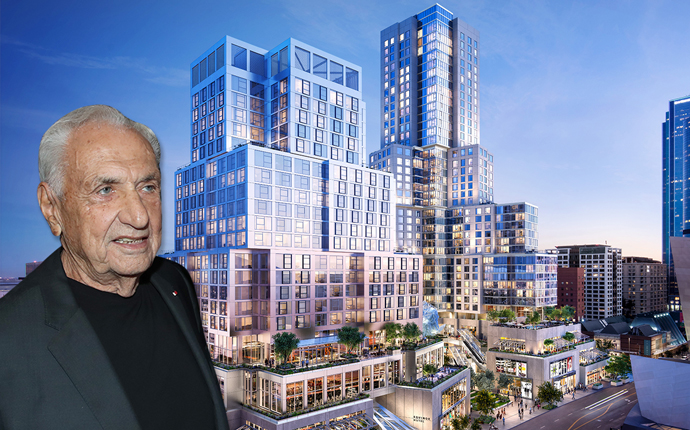 A rendering of Related's The Grand project, and Frank Gehry, who designed it. (Credit: Getty Images)