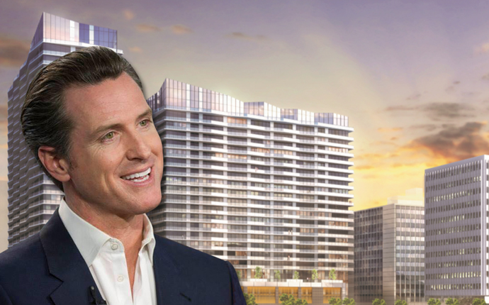 Governor Gavin Newsom and a rendering of a planned project in Koreatown