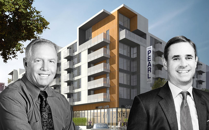 Don Hankey, Chairman of Hankey Investment Comapny, and Cityview CEO Sean Burton, with a rendering of The Pearl on Wilshire (Credit: BuzzBuzzHome)