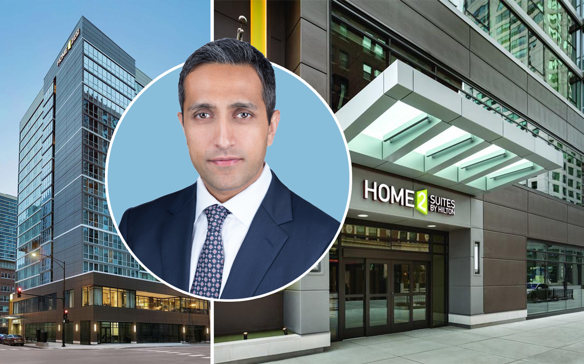 Hilton Home2 Suites at 110 W. Huron Street and Akara founder and CEO Rajen Shastri (Credit: Hilton, Akara)