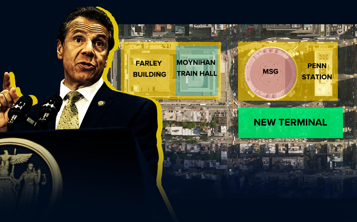 Governor Andrew Cuomo and an an aerial of Penn Station's planned expansion (Credit: Getty Images and New York State)