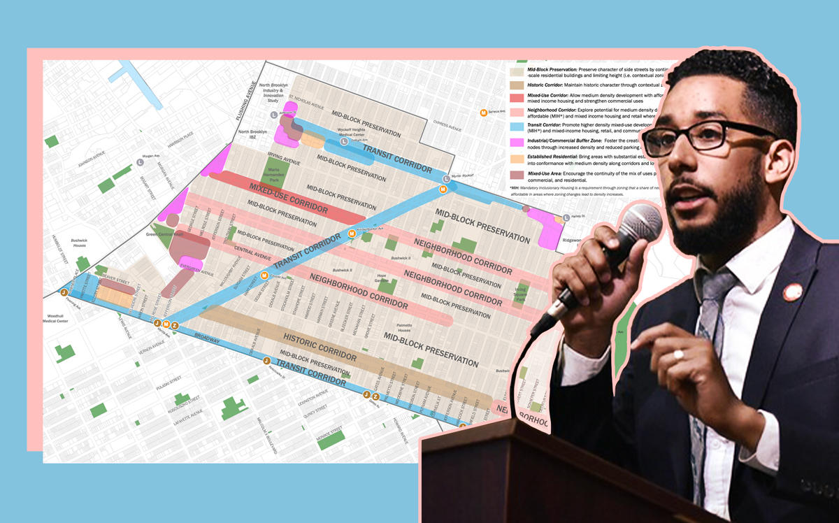 Council Member Antonio Reynoso and a map of Bushwick Planning Framework (Click for more info)
