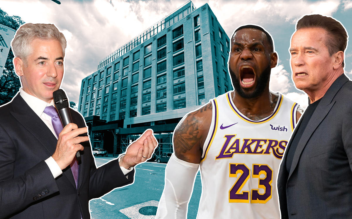 Bill Ackman, LeBron James, and Arnold Schwarzenegger with 787 11th Avenue (Credit: Google Maps and Getty Images)