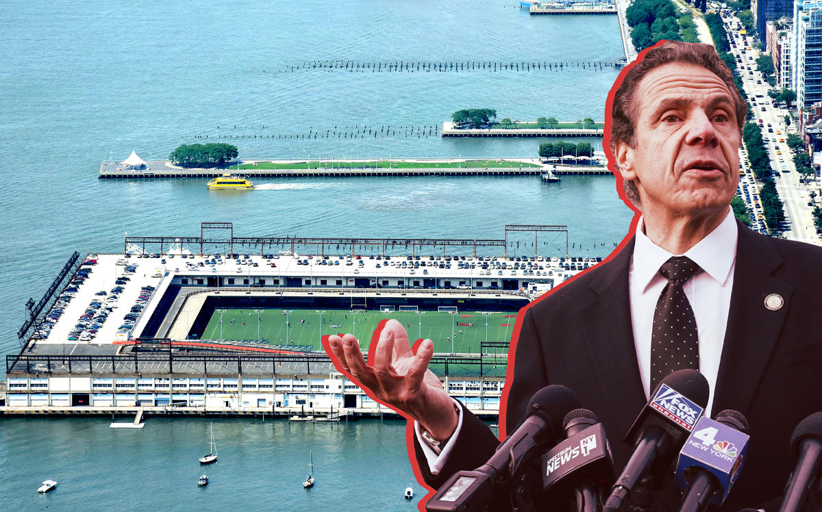 Pier 40 and Gov. Andrew Cuomo (Credit: Wikipedia and Getty Images)