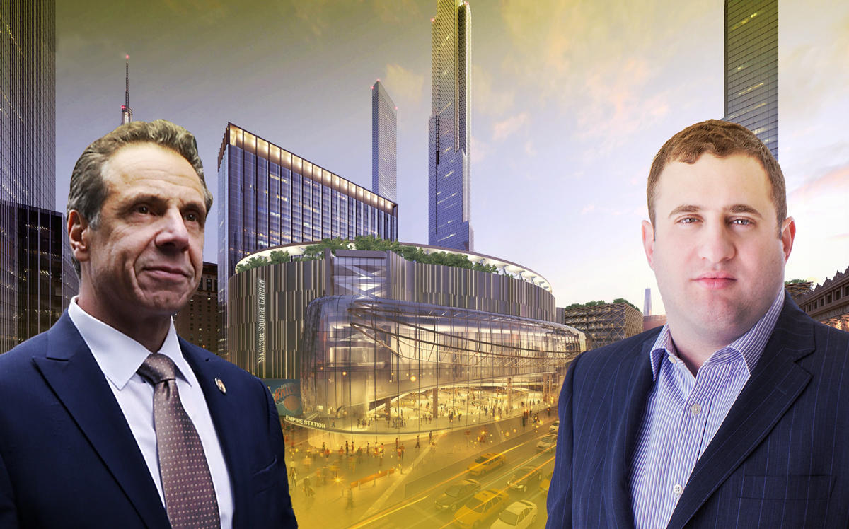 A rendering of Empire Station with Governor Andrew Cuomo and JDS Development's Michael Stern (Credit: Getty Images, JDS)
