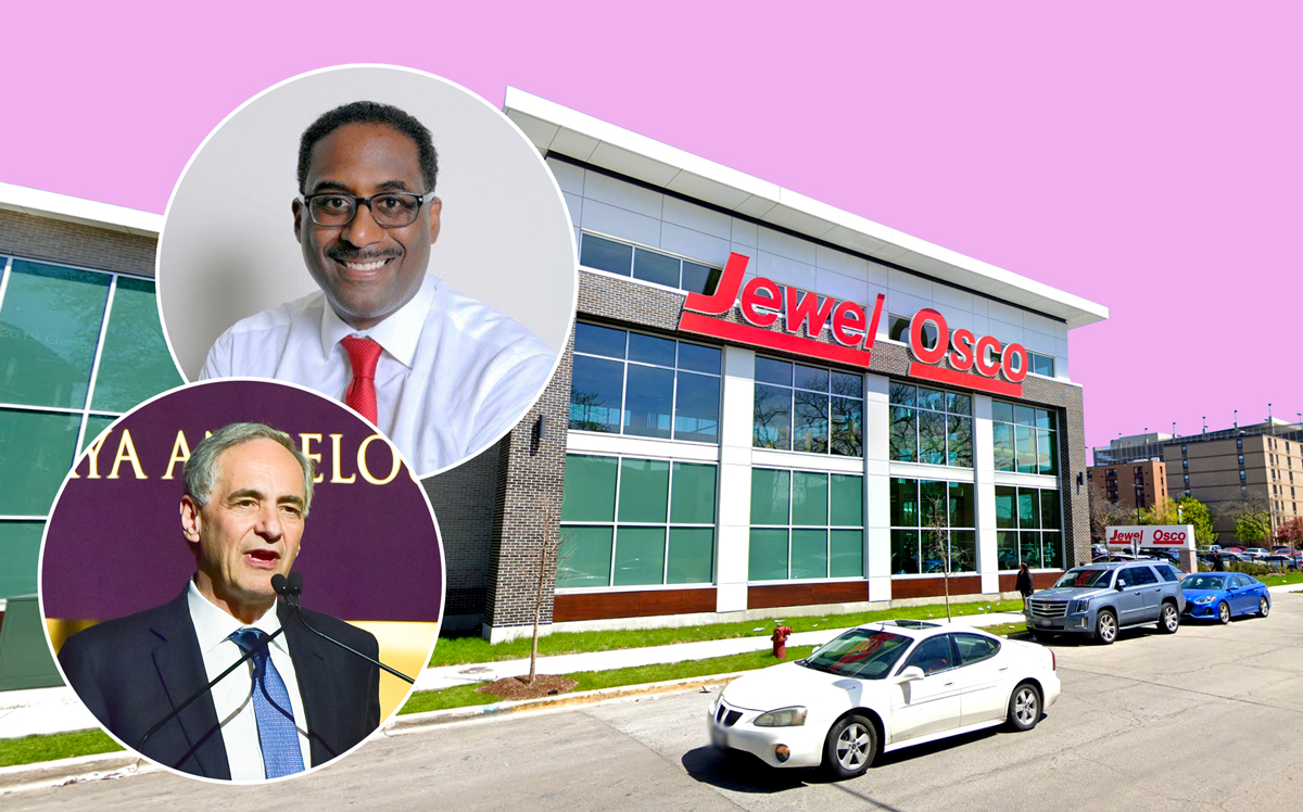 President of University of Chicago Robert Zimmer, DL3 Realty's Leon Walker and The Jewel-Osco in Woodlawn (Credit: Getty Images, Google Maps)
