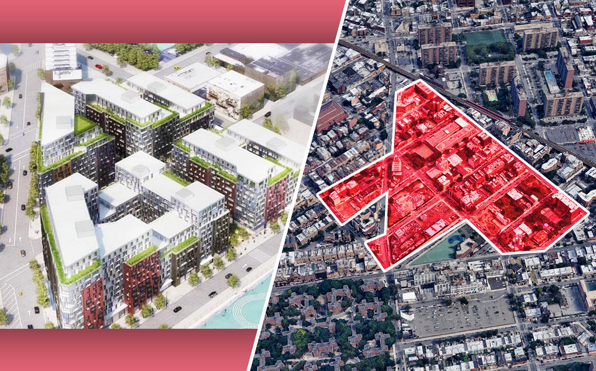 A rendering of Broadway Triangle and an aerial of Broadway Triangle (Credit: Magnusson Architecture via Department of City Planning and Google Maps)