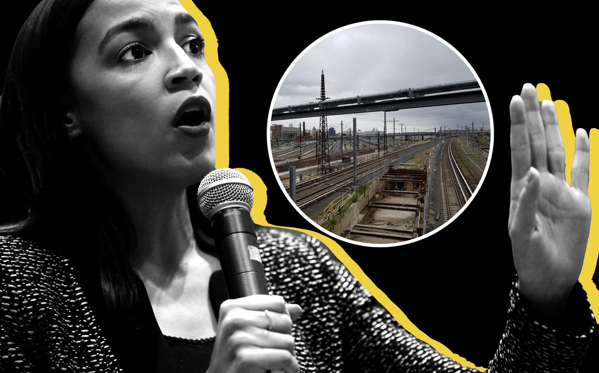U.S. Rep. Alexandria Ocasio-Cortez and Sunnyside Yards (inset) (Credit: Getty Images and Wikipedia)
