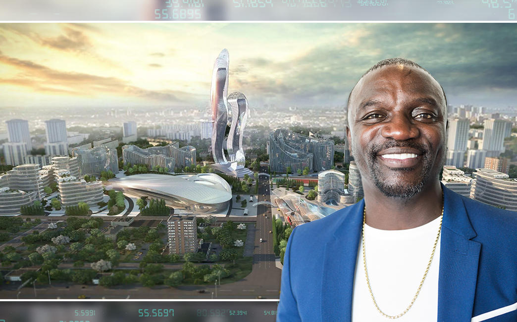 Akon and a rendering of Akon City in Senegal. (Credit: Getty Images and Hussein Bakri/BAD Consultant/Semer Group)