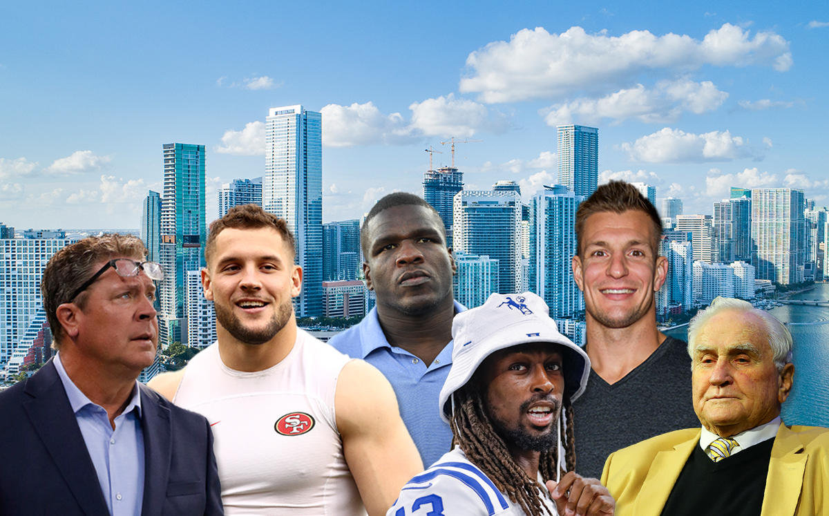 From left: Dan Marino, Nick Bosa, Frank Gore, T.Y. Hilton, Rob “Gronk” Gronkowski, and Don Shula (Credit: Getty Images and iStock)