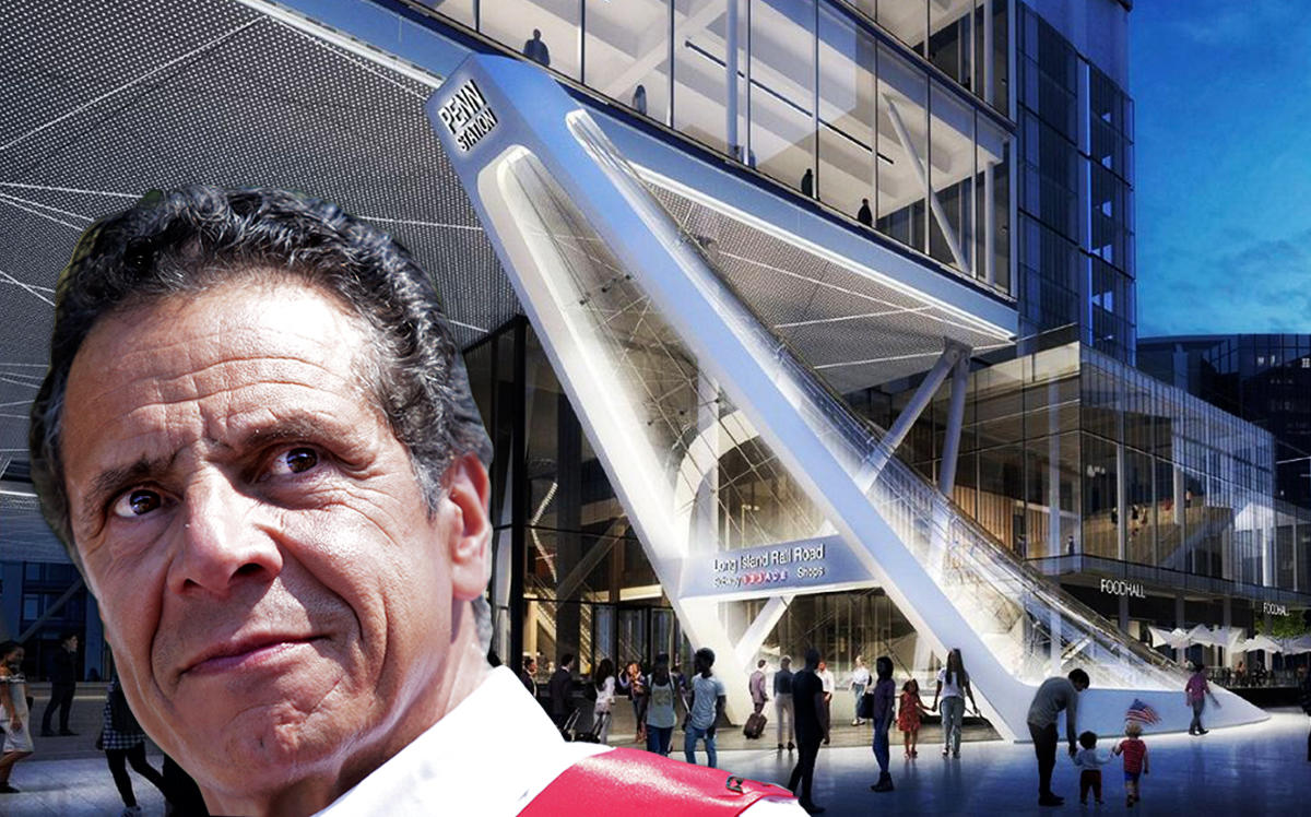 Gov. Andrew Cuomo and a rendering of Penn Station (Credit: Getty Images, Governor's Office)