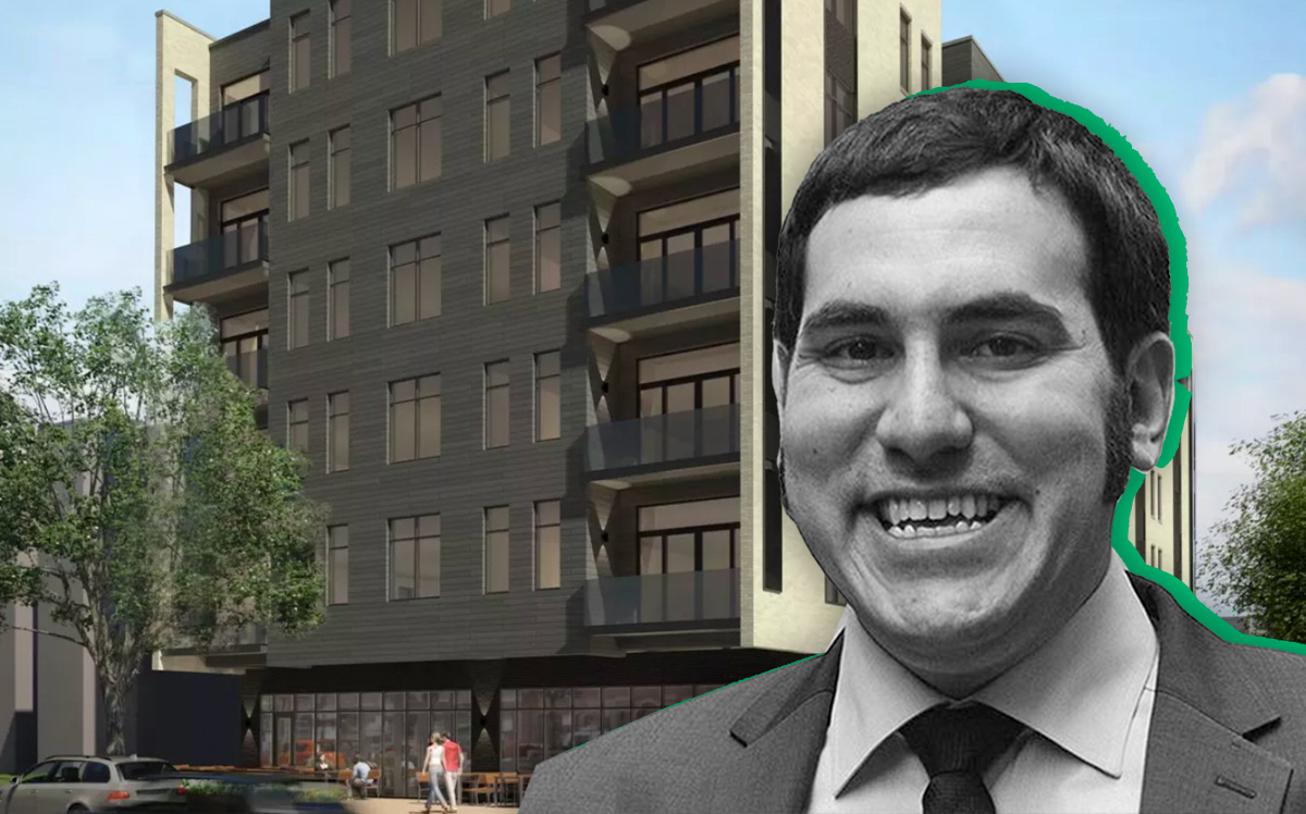 Developer Sam Goldman and an original rendering of the apartment building at 7000 N. Glenwood Ave. 