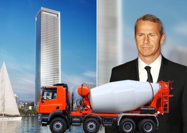 Rendering of Missoni Baia with a concrete truck and Vlad Doronin (Credit: Getty Images and iStock)