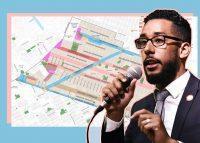 Council Member Antonio Reynoso and a map of Bushwick Planning Framework (Click for more info)