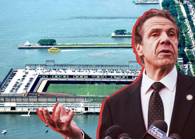 Pier 40 and Gov. Andrew Cuomo (Credit: Wikipedia and Getty Images)