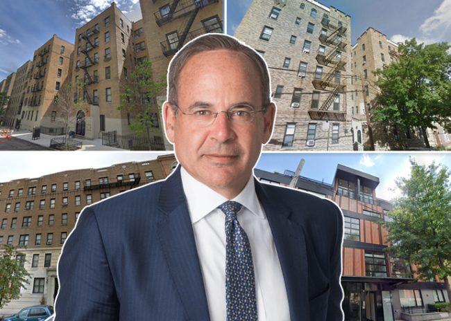 Clockwise from top left: 213 Bennett Avenue in Hudson Heights, 25-74 33rd Street in Astoria, 170 North Fifth Street in Williamsburg, and 106 Fort Washington Avenue in Washington Heights with Madison International Realty President Ronald Dickerman (Credit: Google Maps, Madison International Realty)