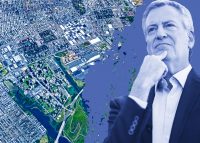 An aerial of East New York and Mayor Bill de Blasio (Credit: Google Maps and Getty Images)