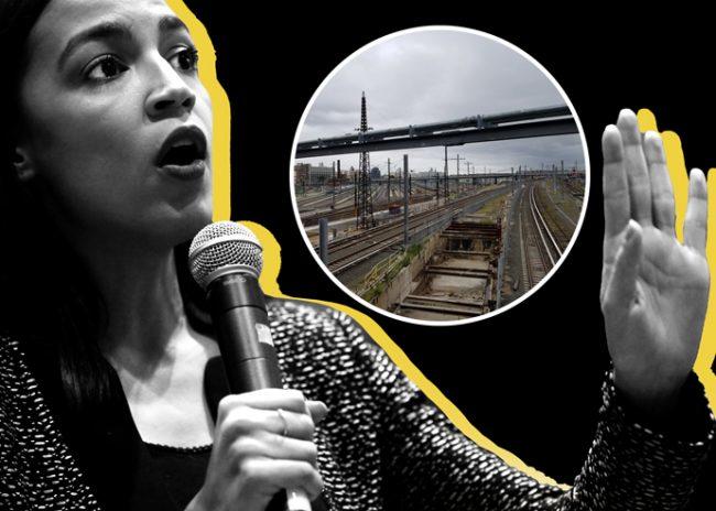 U.S. Rep. Alexandria Ocasio-Cortez and Sunnyside Yards (inset) (Credit: Getty Images and Wikipedia)