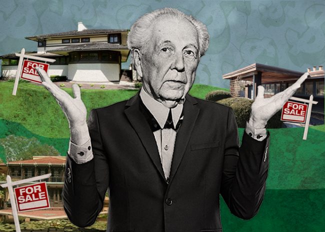 Frank Lloyd Wright and (from top) 301 S. Kenilworth Ave., Elmhurst; 239 Franklin Street, Glencoe; and 350 Fairbank Road, Riverside (Credit: Getty Images, iStock)