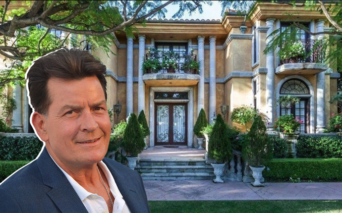 Actor Charlie Sheen and his mansion at 14003 Aubrey Road in Mulholland Estates (Credit: Getty Images and Realtor.com via LAT)