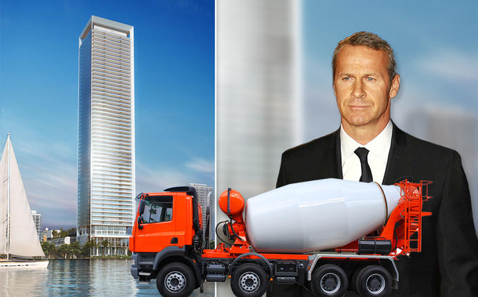 Rendering of Missoni Baia with a concrete truck and Vlad Doronin (Credit: Getty Images and iStock)