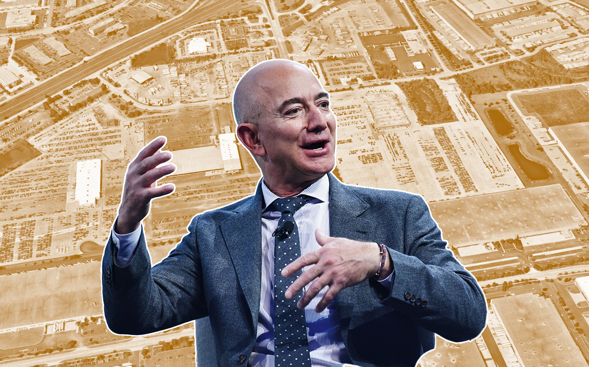 The Bolingbrook property along route 53 and Amazon CEO Jeff Bezos (Credit: Google Maps, Getty Images)