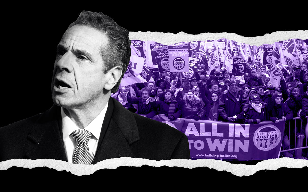 Governor Andrew Cuomo and a SEIU 32BJ rally in October (Credit: Getty Images, SEIU 32BJ)