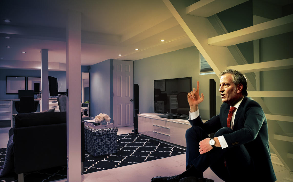 Mayor Bill de Blasio in a basement apartment (Credit: Gage Skidmore via Flickr, iStock; Illustration by The Real Deal)
