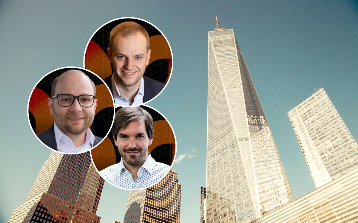 Clockwise from left: Celonis co-founders Bastian Nominacher, Alexander Rinke, and Martin Klenk with 1 World Trade Center (Credit: Celonis)